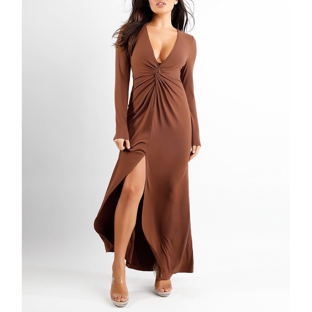 Popilush Maxi Dress Size 3XL Brown Shapewear Deep V Bias Twist Front Slit NEW